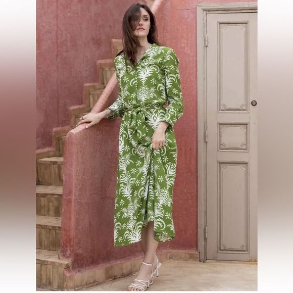 Zara Printed A-Line Midi Dress in Green and White XS NWOT - Picture 7 of 16